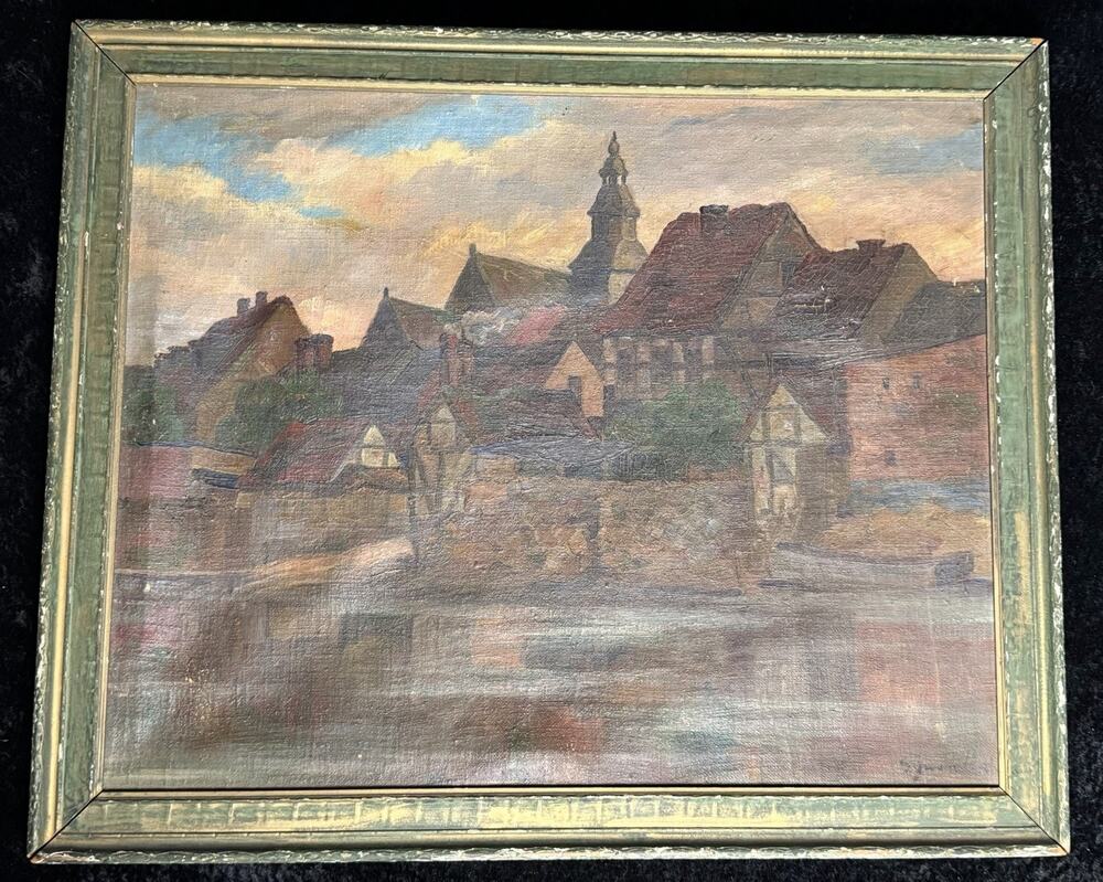 VTG European Village Painting Framed Canvas Impressionist Landscape Old World